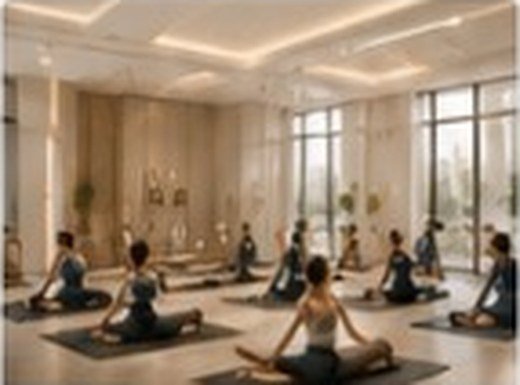 Community yoga event in a refined wellness room
